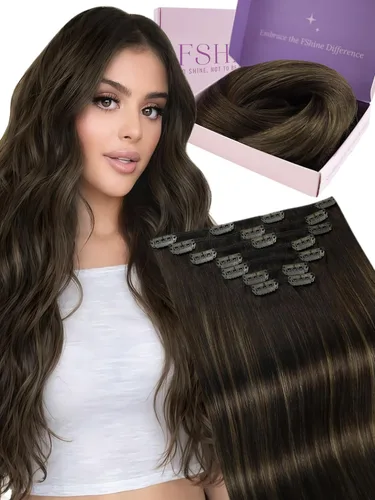Miniatura 21 de Fshine Extensiones de cabello con broches, 22 pulgadas, 7 unidades, color marrón oscuro, doble trama, extensiones de cabello humano real con clip