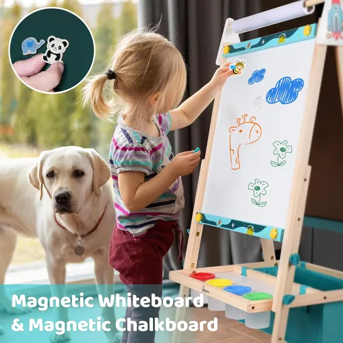 Miniatura 4 de Joyooss Caballete de arte para niños, caballete ajustable para niños con pizarra magnética y pizarra, tablero magnético para niños, caballete