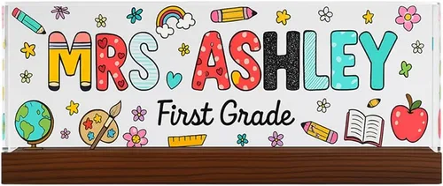 Miniatura 8 de Placa de nombre personalizada para escritorio para profesores, placa de nombre de acrílico personalizada para maestros con base de madera, letrero