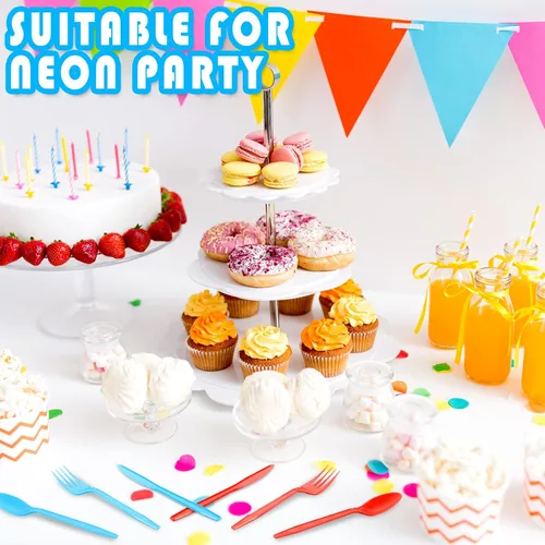 Miniatura 7 de Hoolerry Juego de cubiertos de plástico desechables de 180 piezas de colores neón para fiesta, arcoíris, utensilios de plástico a granel, incluye