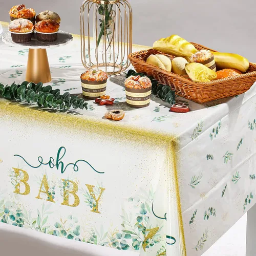 Miniatura 4 de Tiamon Mantel de 3 piezas de verde salvia para baby shower, 108 x 54 pulgadas, desechable, hojas de eucalipto, mantel rectangular de plástico verde