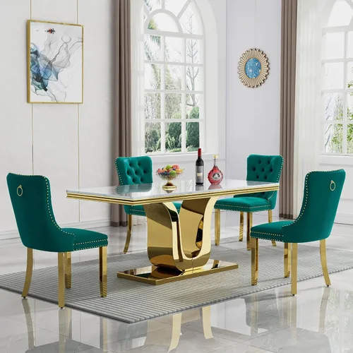 Miniatura 40 de Juego de mesa de comedor de mármol de lujo de 70 pulgadas para 4, juegos de mesa de cocina blanco y dorado para 4, mesa de comedor moderna de mármol