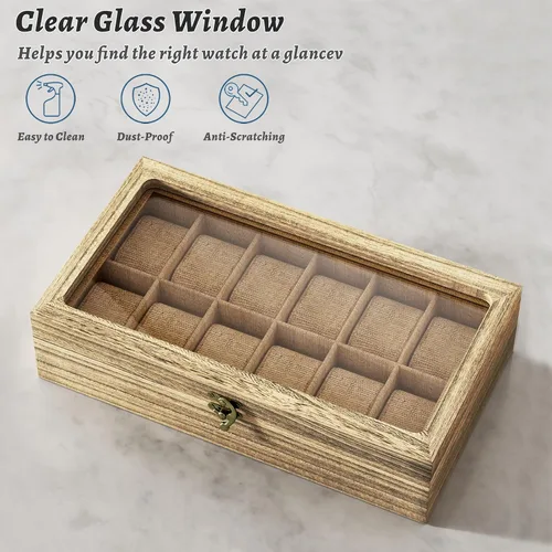 Miniatura 4 de SRIWATANA Caja de reloj, organizador de caja de reloj para hombres y mujeres, regalo del día del padre, 12 ranuras para reloj con tapa de cristal