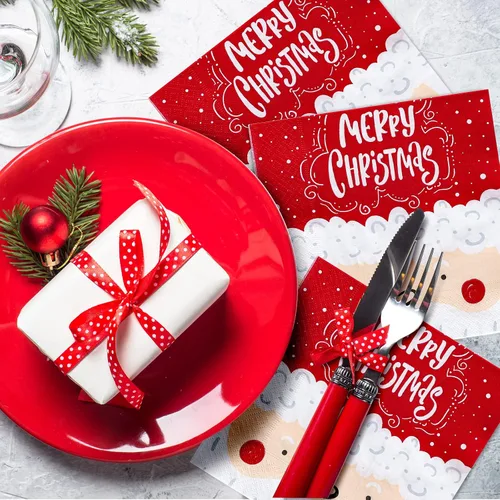 Miniatura 5 de Whaline Paquete de 100 servilletas de papel con diseño de Papá Noel, servilletas desechables rojas y blancas para el almuerzo, servilletas