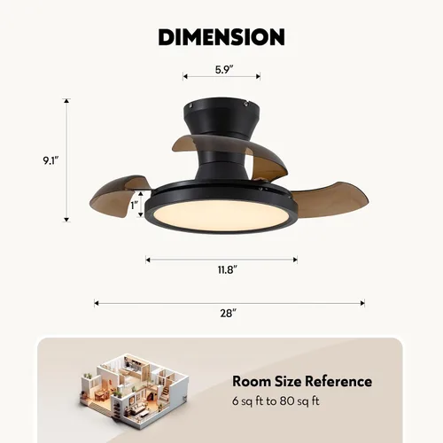 Miniatura 6 de Ventilador de techo retráctil moderno de 71 cm con luz, control remoto, regulable, 6 velocidades, reversible, pequeña luminaria de techo, sin aspas