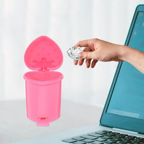 Miniatura 3 de NUOBESTY Mini basurero de escritorio de fresa con tapa de 4.13 x 3.54 pulgadas, lindo cubo de basura rosa para escritorio de oficina en casa