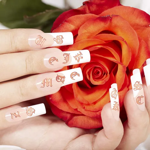 Miniatura 7 de Maitys 24 hojas de calcomanías para uñas con letras holográficas 3D, autoadhesivas, para uñas inglesas antiguas, doradas, negras y blancas, diseño
