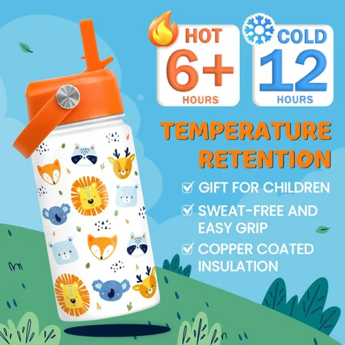 Miniatura 4 de SANDJEST Botella de Agua para Niños con Tapa de Pajita - 12 Oz Botella de Acero Inoxidable Aislada con Dibujo de Animales para Niños y Niñas - Taza