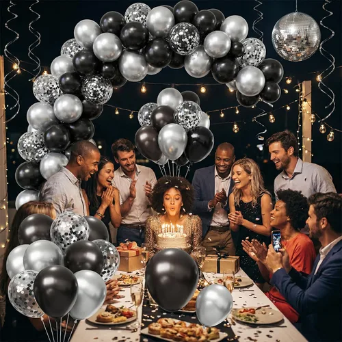 Miniatura 6 de Kit de arco de globos negros y plateados, 130 guirnaldas de globos negros metálicos, globos de látex plateados metálicos de diferentes tamaños