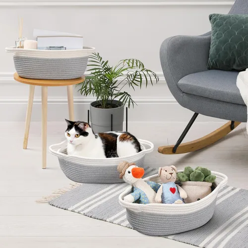 Miniatura 7 de Paquete de 4 canastas pequeñas tejidas con asas, cesta de almacenamiento de cuerda de algodón, bonita cesta de regalo para bebé para guardería, Gris