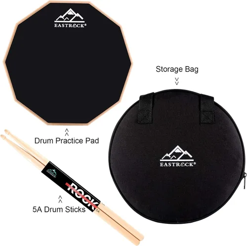 Miniatura 2 de EASTROCK Almohadilla de práctica para tambor, almohadilla de tambor silenciosa de doble cara de 12 pulgadas, tambor mudo de goma con baquetas y Negro