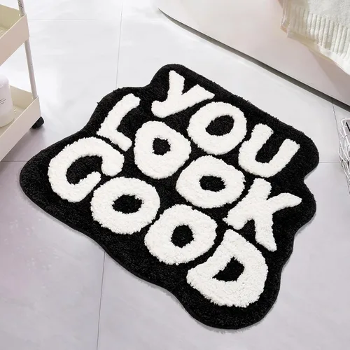 Miniatura 11 de Alfombra de baño con texto en blanco y negro con texto en inglés "You Look Good", divertida y bonita, decoración de baño, pequeña, fresca