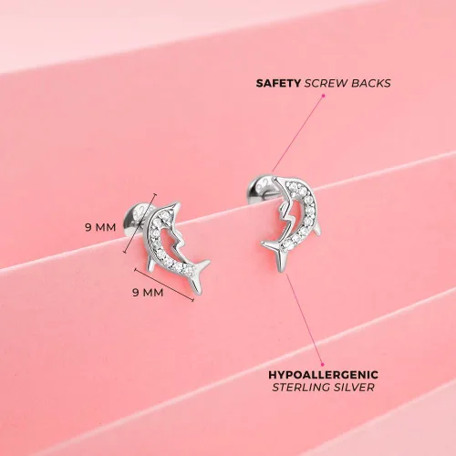 Miniatura 4 de Aretes de plata de ley 925 con circonita cúbica transparente náutica y delfín para niñas pequeñas, preadolescentes y adolescentes, 0.354 in, joyería