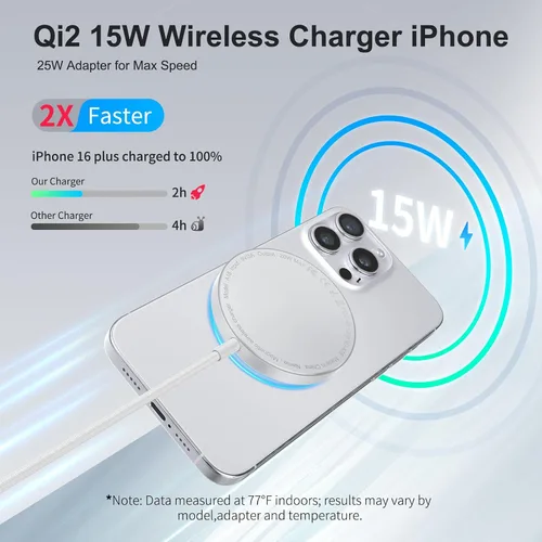Miniatura 3 de Cargador inalámbrico Qi2 - Almohadilla de carga inalámbrica magnética de 15 W para iPhone 17/16/15/14/13/12 Series con aluminio ultrafino, incluye