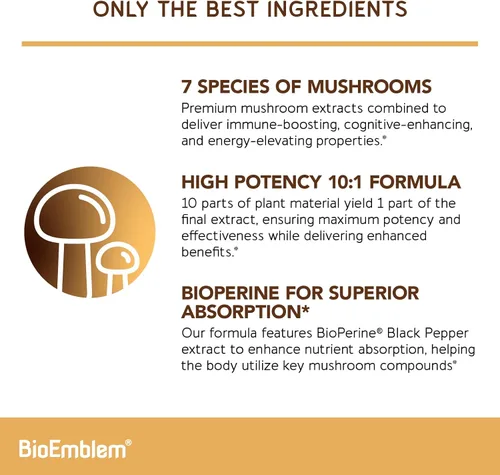 Miniatura 2 de BioEmblem Complejo de hongos - Fuerza 10:1 y 7 especies - Melena de león, Reishi, Cordyceps, Chaga, Maitake, suplemento de hongos shiitake