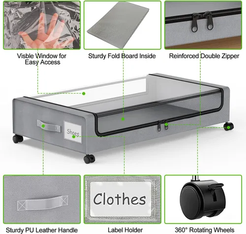 Miniatura 4 de Almacenamiento debajo de la cama con ruedas, paquete de 4 contenedores de almacenamiento debajo de la cama con tapas y cremalleras transparentes