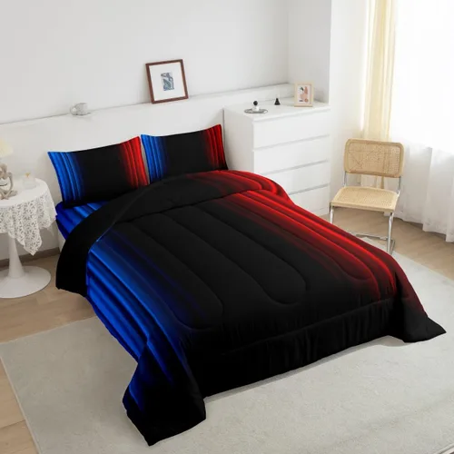 Miniatura 5 de Feelyou Juego de edredón geométrico degradado para adolescentes, tamaño individual, para niños y mujeres, azul, rojo y negro, juego de ropa de cama