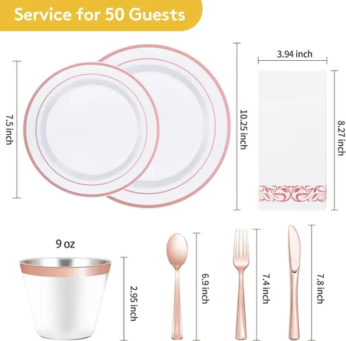 Miniatura 4 de Goodluck - Juego de vajilla de 350 piezas de color dorado rosa para 50 invitados - Platos de plástico desechables, servilletas de papel, vasos, Oro