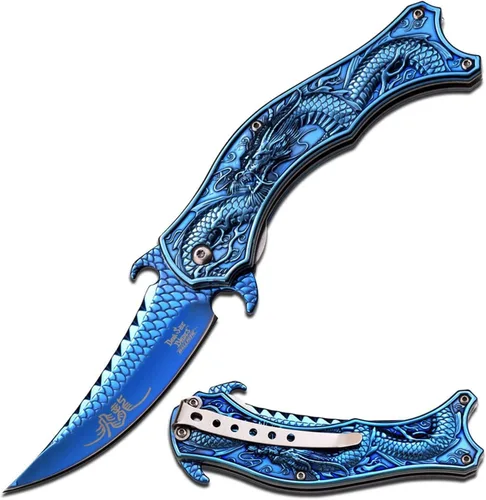 Cuchillo asistido por resorte Dark Side Ballistics, DS-A019BL-MC, acero inoxidable 3CR13, recubierto de TiNite azul, tema de dragón, clip de