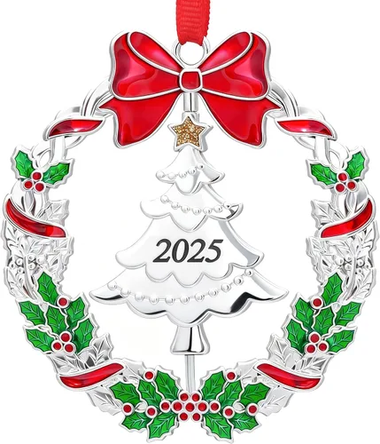 Adornos de Navidad, Adornos Metálicos para Árbol de Navidad con Fecha 2025 Plateados Giratorios Divertidos Adornos de Navidad Decorativos Decoración
