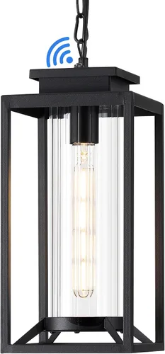 Miniatura 11 de Lámpara colgante exterior para porche, luz colgante negra de 1 luz, lámpara colgante exterior moderna con vidrio cilíndrico y cadena ajustable