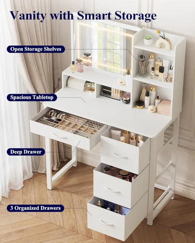 Miniatura 3 de Kitsure Escritorio de tocador con espejo y luces, tocador de maquillaje de gran capacidad con 4 cajones de almacenamiento de tela y 3 modos