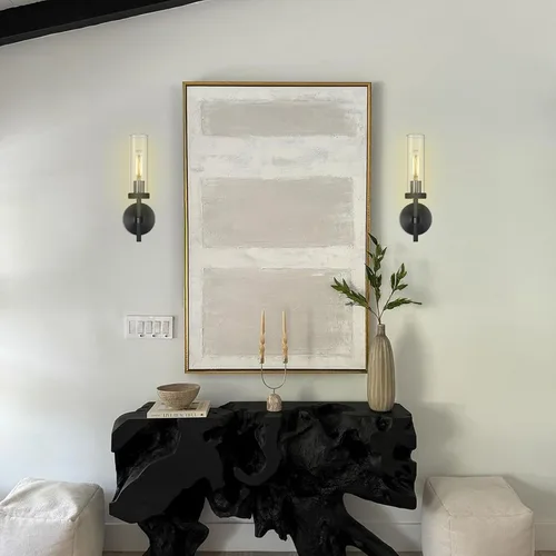 Miniatura 6 de Apliques de Pared Negros Juego de Dos, Aplique de 35.6 cm para Tocador de Baño, Apliques de Pared de Tubo de Vidrio, Iluminación de Apliques