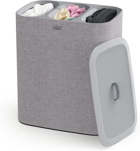Joseph Joseph Tota Trio 90 litros/23.8 galones Cesta de lavandería con separación y tapa, 3 bolsas de lavado extraíbles con asas - Gris