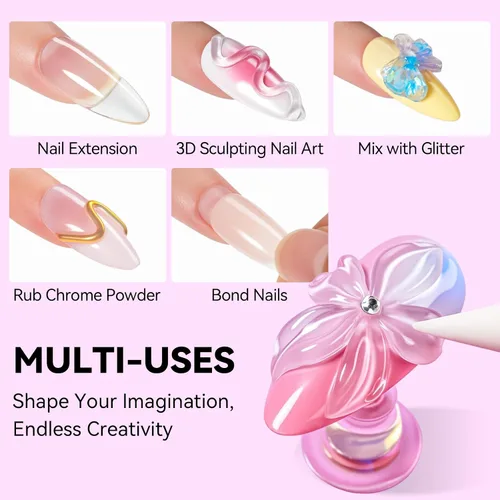 Miniatura 4 de Makartt Arte de uñas de gel 3D: 4 en 1 constructor de gel sólido transparente para extensión, pegamento de uñas UV para uñas acrílicas, diamantes