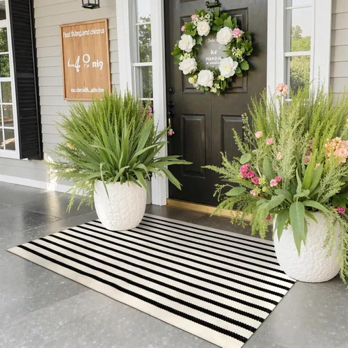 Miniatura 19 de KIMODE - Alfombra de algodón tejida con diseño a rayas en color negro, para puerta de entrada, cocina, decoración de estilo rústico