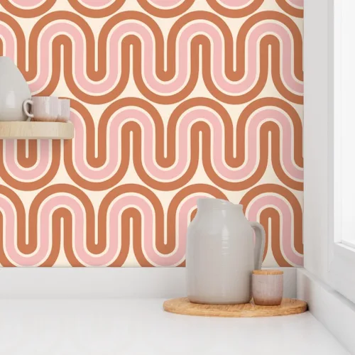 Miniatura 8 de Papel tapiz para despegar y pegar, diseño retro de mediados de siglo, líneas rosadas y marrones, decoración del hogar, olas, papel tapiz extraíble