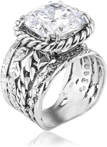 JEAN RACHEL JEWELRY Anillo de plata de ley 925, diseño vintage de trenza y hoja con circonita cúbica acolchada, hipoalergénico, sin plomo ni níquel,