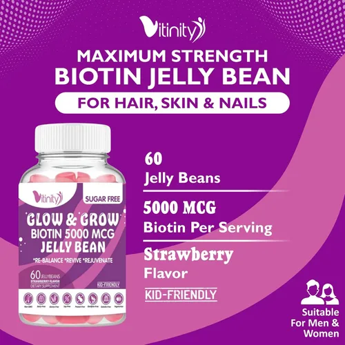 Miniatura 3 de VITINITY Biotin - Suplemento vegetariano extra fuerte de 5000 Mcg (vitamina B) sin azúcar, apoya el cabello y la piel más saludables, para mujeres