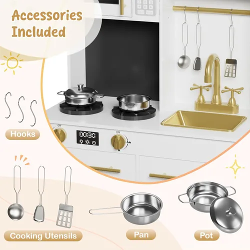 Miniatura 6 de MAMIZO Cocina de juego para niños, cocina de juguete de simulación de madera, juego de cocina Toodler, estufa con luz y sonido, fregadero, Blanco