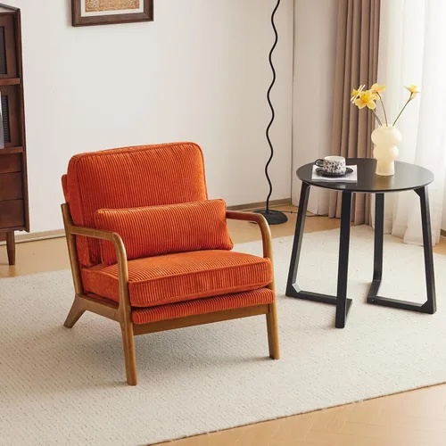 Miniatura 15 de Karl home Silla de acento moderna de mediados de siglo con cojín, tapizada en tela de lino, silla de salón con brazo, estructura sólida de madera