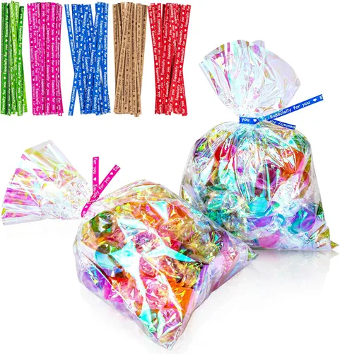 Bolsas de celofán iridiscentes de 5 x 7 pulgadas con lazos giratorios, bolsas de golosinas para galletas, chocolates y palomitas de maíz