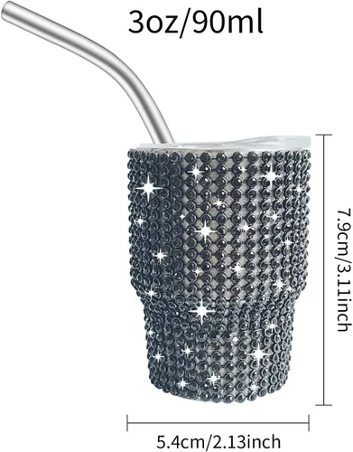 Miniatura 2 de INSTOME Vaso de chupito brillante de 3 onzas, mini tazas con tachuelas de diamantes de imitación con pajitas, brillo similar a un diamante para Negro