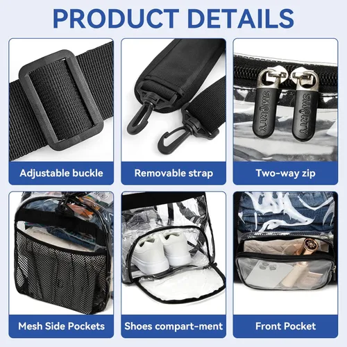 Miniatura 4 de Bolsa de lona transparente grande y resistente con compartimento para zapatos, bolsa de gimnasio transparente aprobada por estadios con correa