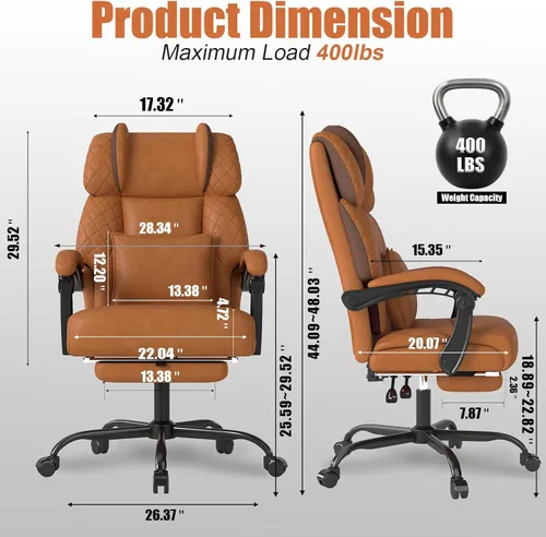 Miniatura 2 de Silla de oficina con reposapiés, silla de escritorio ejecutiva de respaldo alto de 400 libras, reclinable de 155°, almohada de soporte lumbar