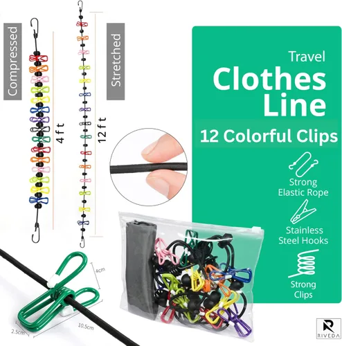 Miniatura 2 de Tendedero portátil de viaje con 12 clips coloridos y bolsa, línea de ropa elástica para RV y campamentos para línea de secado de ropa