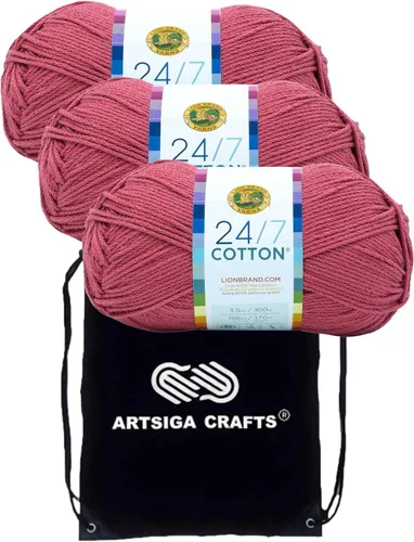 Miniatura 40 de Lion Brand 24/7 Algodón Rosa 761-101 (3 carretes - mismo lote de tinte) Hilado medio #4 de algodón para crochet y tejer con bolsa de proyecto