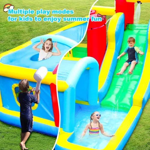 Miniatura 5 de WELLFUNTIME Parque inflable de tobogán acuático con soplador, castillo hinchable de 156 x 143 x 75 pulgadas con tobogán, escalada en roca, piscina