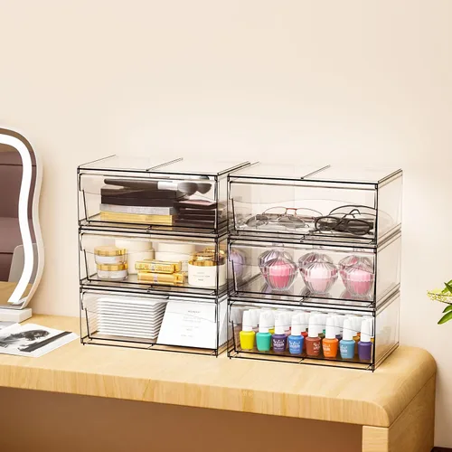 Miniatura 2 de Paquete de 6 cajones de almacenamiento apilables transparentes, organizador de maquillaje de baño grande de 12 pulgadas de ancho y bolígrafo, lentes