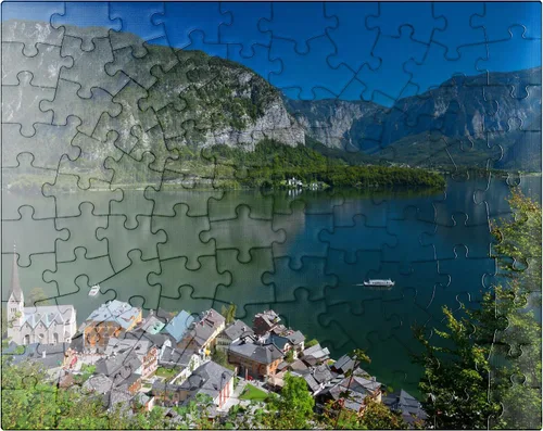 MyPuzzle Hallstatt at Lake Hallstatt with Evangelical Christ Church, Salzkammergut - Rompecabezas prémium de 100 piezas para adultos