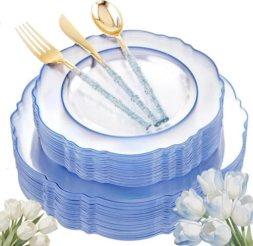Miniatura 18 de Liacere - 150 platos de plástico plateado transparente y cubiertos desechables de plástico plateado con mango de bambú con purpurina - Platos