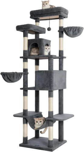 Miniatura 9 de Árbol para gatos, torre para gatos de 81 pulgadas de alto con poste rascador, condominio de felpa para gatos de varios niveles con 2 perchas, 2 Gris