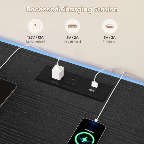 Miniatura 6 de ADORNEVE Soporte de TV para TV de 65 pulgadas, mesa consola de TV de 63" de ancho con luces LED y estación de carga, cómoda larga con 11 cajones