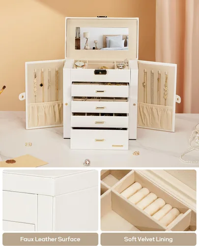 Miniatura 6 de Homde Joyero enorme de cuero sintético con espejo, organizador de relojes, collar, anillo y aretes, estuche de regalo con cerradura (blanco + dorado)