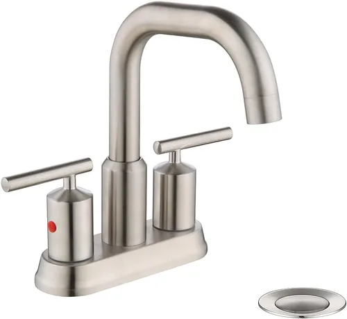 Grifo de baño de níquel cepillado de 4 pulgadas y 2 manijas para fregadero de 3 agujeros, grifo de fregadero de baño central con ensamblaje de
