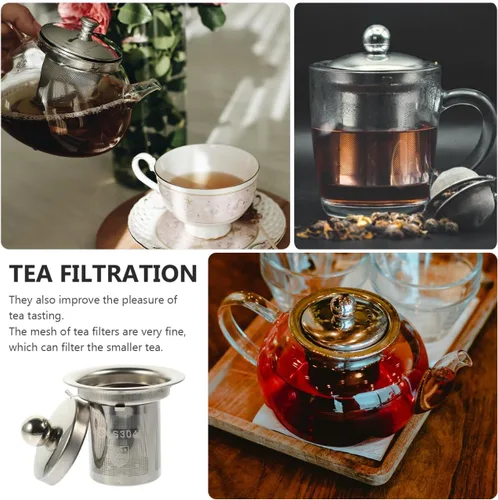 Miniatura 6 de Infusor de té de acero inoxidable con tapa de doble función, colador de malla extra fina para té de hojas sueltas a prueba de calor, asas dobles